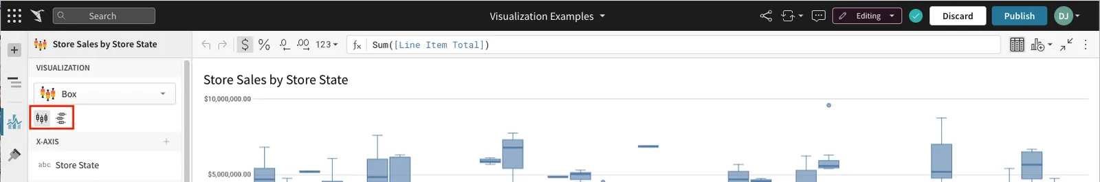 The chart editor panel with the horizontal display orientation icon button highlighted next to the vertical orientation icon.