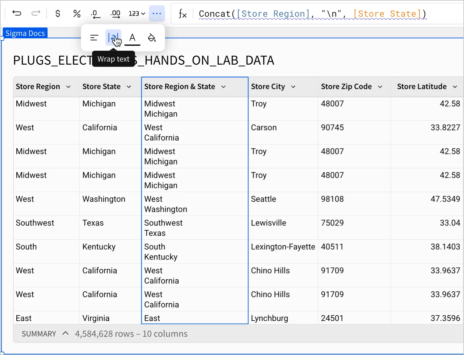 A table shows the output of the formula Concat([Store Region], "\n", [Store State]). A user hovers over wrap text to demonstrate that the output is on separate lines
