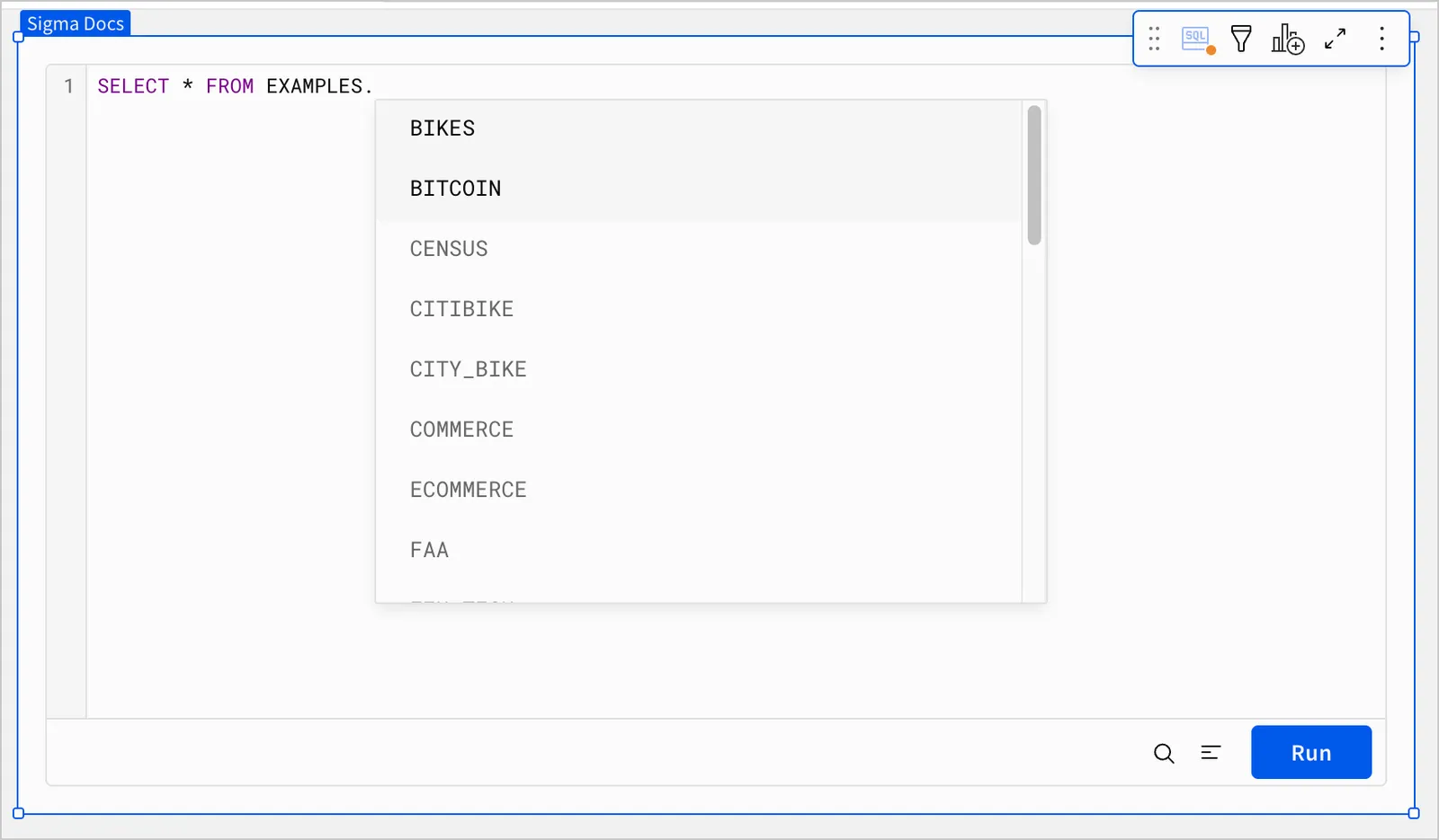 SQL element in a workbook with SQL syntax of select * from EXAMPLES., with an autocomplete dropdown suggesting multiple available schemas such as BITCOIN, BIKES, CENSUS, and more.