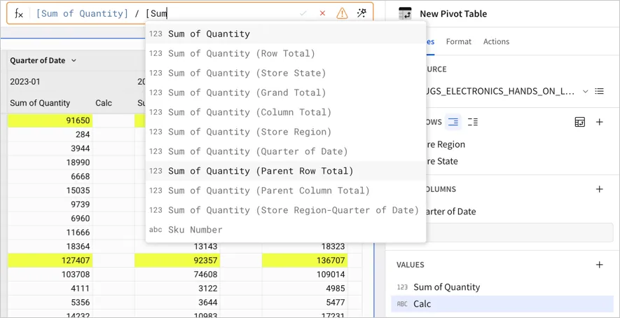Formula bar open showing the auto complete for the different types of totals, with Parent Row Total selected for the second half of the formula.