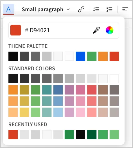 The text color picker with hex code D94021 entered to set the FOR INTERNAL USE ONLY text to a red-orange color.