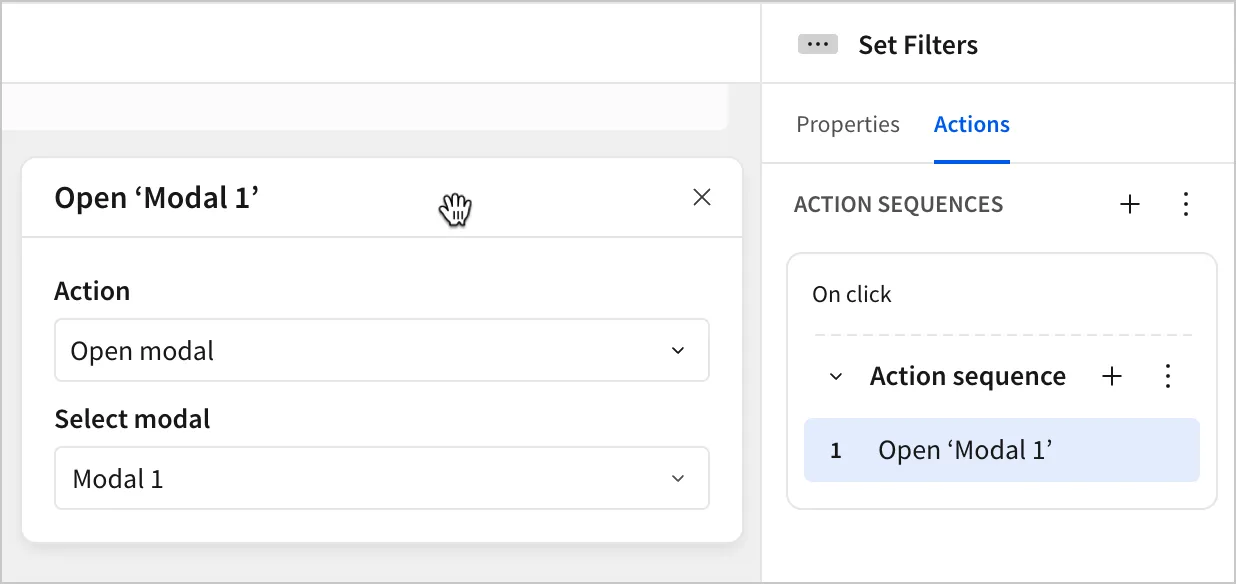 In the Actions panel, a users adds an Open Modal action to open the Modal 1 modal