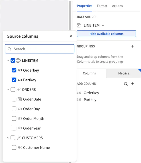 Table element selected with the metrics panel open and showing ORDER_AVERAGE_VALUE, ORDER_MAX_VALUE, and ORDER_SUM_VALUE metrics. The source columns list is also open and showing the dimensions available from related tables, CUSTOMERS table showing CUSTOMER_NAME and the ORDERS table showing ORDER_DATE, ORDER_DAY, ORDER_MONTH, and ORDER_YEAR dimensions.