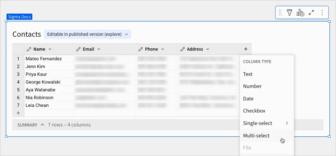 Image showing an input table with the column type menu open and cursor hovering over the Multi-select option.