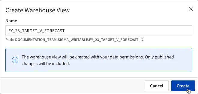 Create warehouse view modal, with an autogenerated name FY_23_TARGET_V_FORECAST, and a reminder of the path to the view in the data warehouse, in this case, DOCUMENTATION_TEAM.SIGMA_WRITABLE.FY_23_TARGET_V_FORECAST. A callout reminds you that the warehouse view is created with your data permissions and only includes published changes.