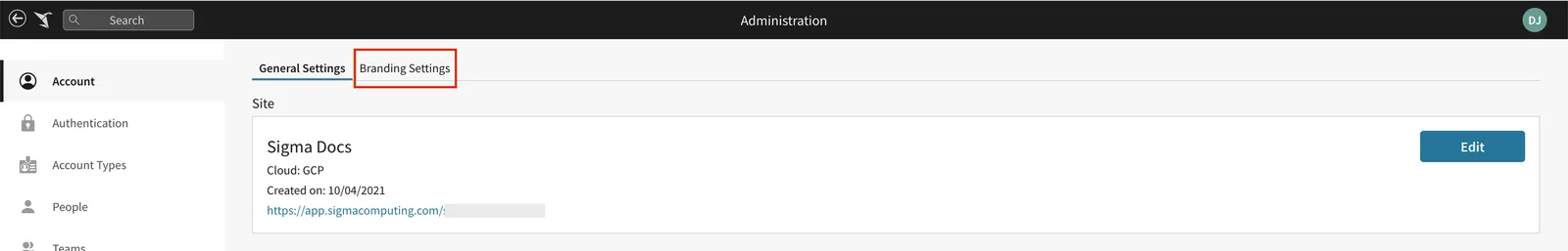 The Administration page with the Branding Settings tab highlighted next to General Settings.