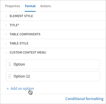 The Format tab’s Custom context menu section with two default options and Add an option available.