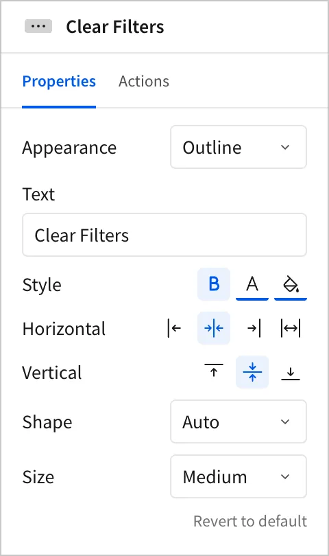In the editor panel for the duplicate button, the button Text is set to Clear Filters