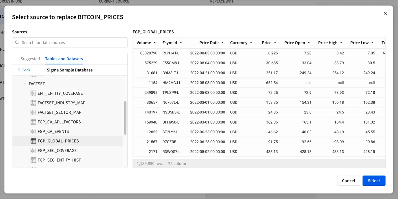 Select source to replace the current one, in this case, Bitcoin Prices, with a search and browse interface on the left and a column preview of the selected future source on the right.