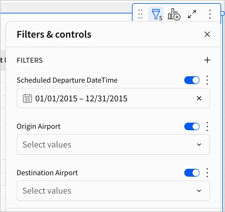 In the Filters and controls menu, new filters appear for Origin Airport and Destination Airport