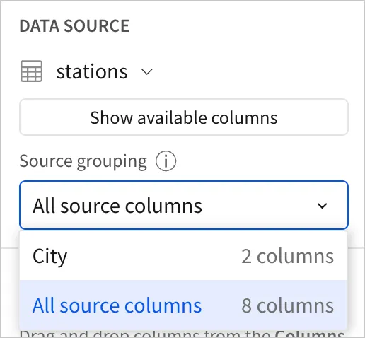 Data source for the data element with grouping option open to show available selections.