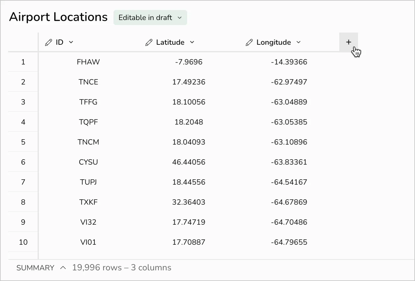 In the Airport Locations input table, a user selects the option to add an additional column