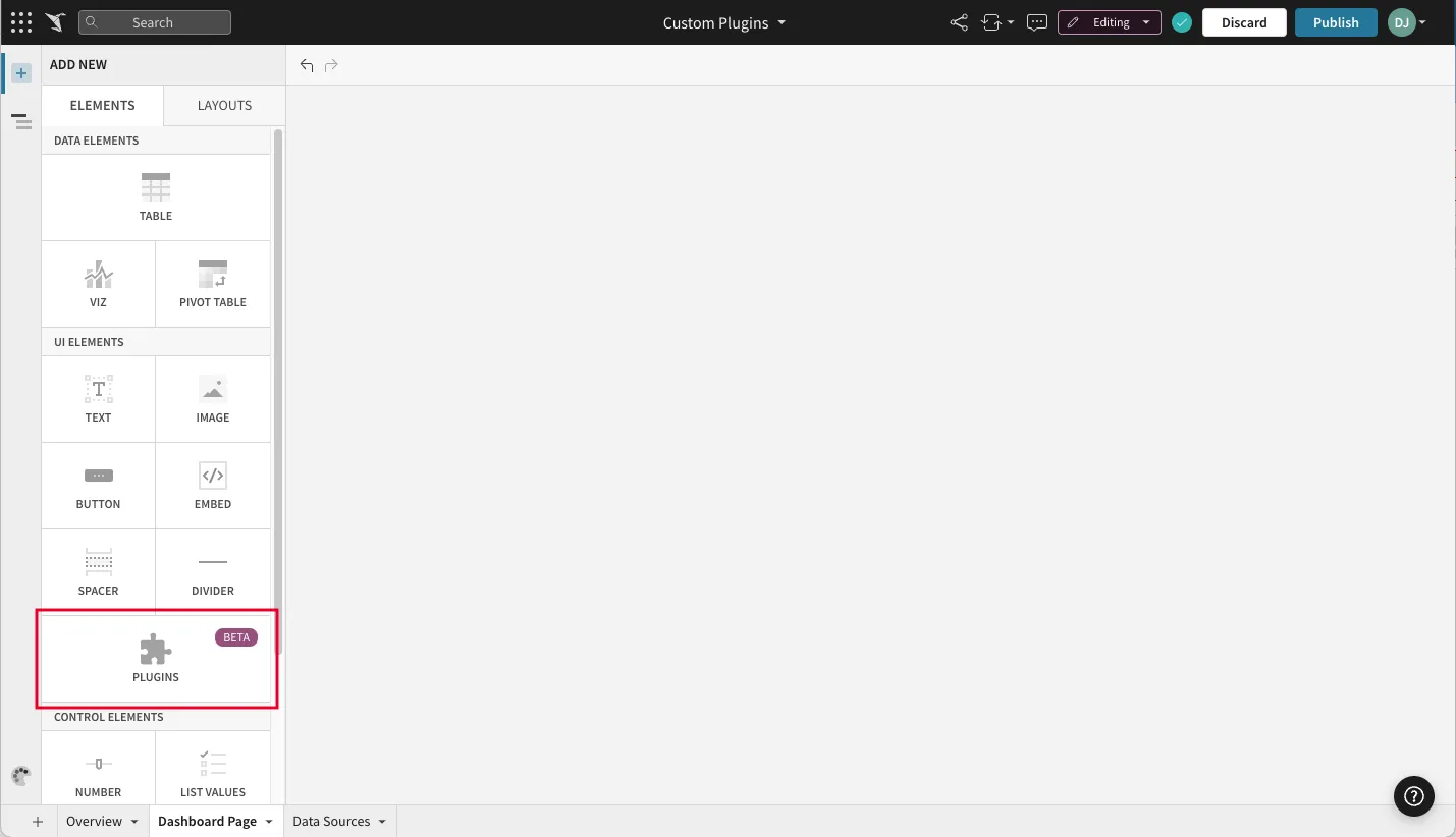 The Add new panel with the Plugins element highlighted under UI elements.