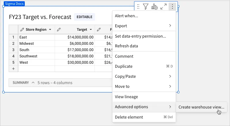 Element menu open to show the option for creating a warehouse view on a table element.