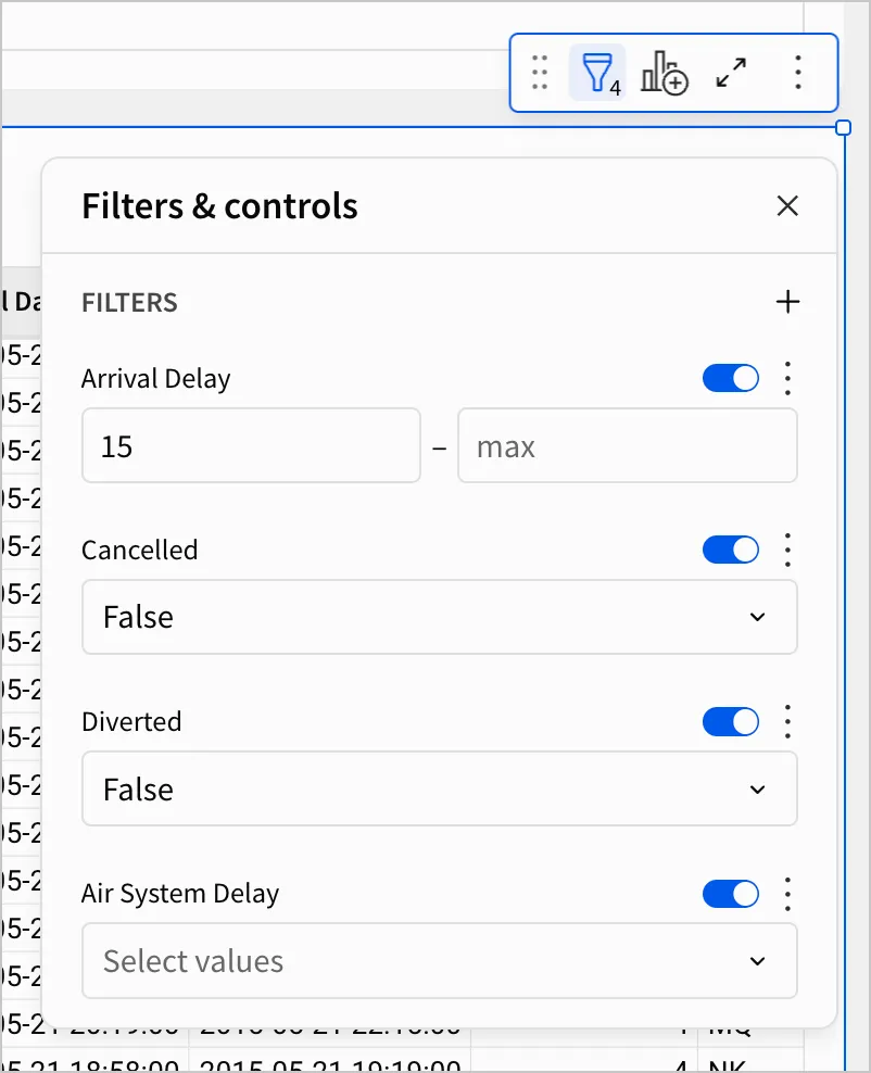 In the filters and controls menu, there are 4 filters for Arrival Delay, Cancelled, Diverted, and Air System Delay