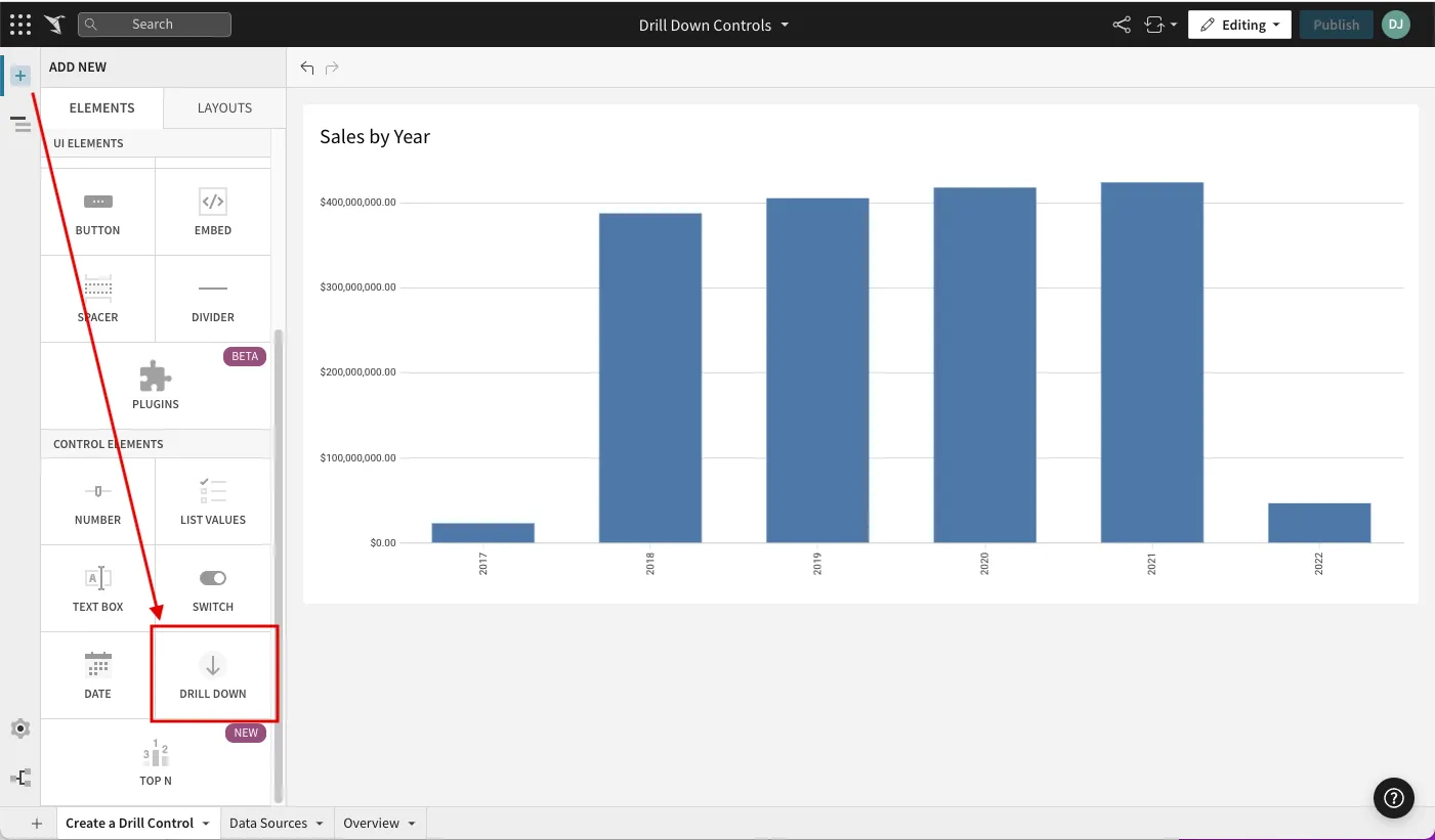 Add New panel with Drill Down highlighted in the Control Elements section.
