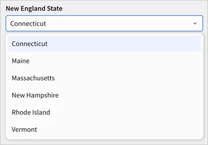 A segmented control labeled New England State collapsed into a drop-down menu, open to show the values Connecticut, Maine, Massachusetts, New Hampshire, Rhode Island, and Vermont.