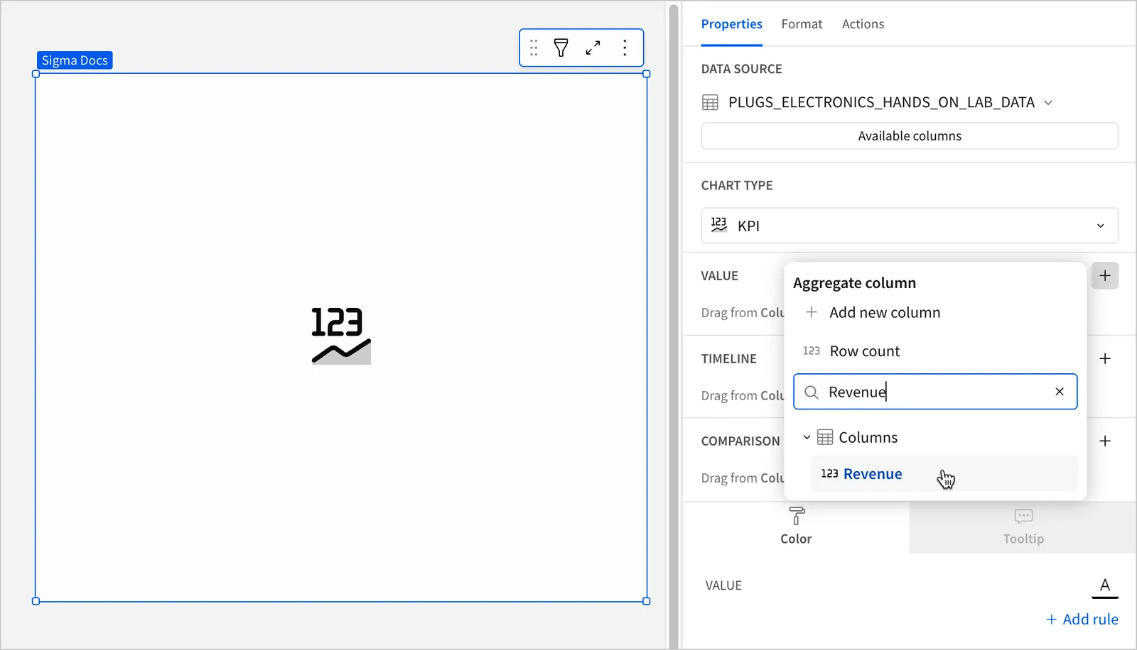 A workbook with a blank KPI chart and the Aggregate column popover open, showing "Revenue" typed in the search box with the cursor hovering over the one matching column result.