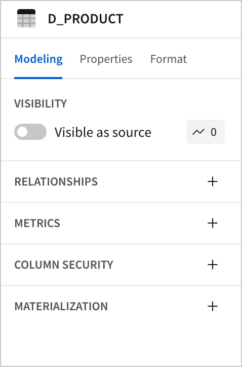 A toggle in the editor panel of the data model named Visible as source set to the "off" position, making the selected data element unavailable and not seeable as a data source for downstream users of the data model.