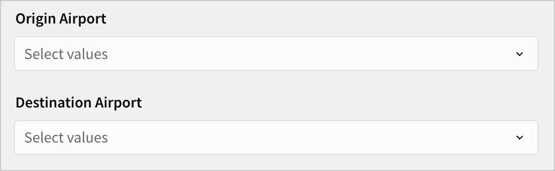 On the workbook page, two list values controls, one for Origin Airport and one for Destination Airport