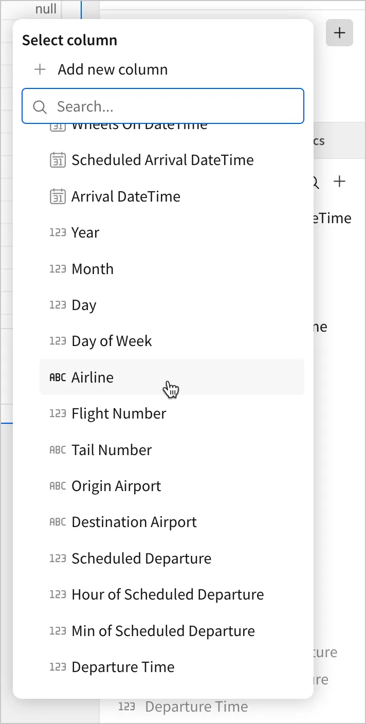 A user selects Airline from a list of columns for the grouping