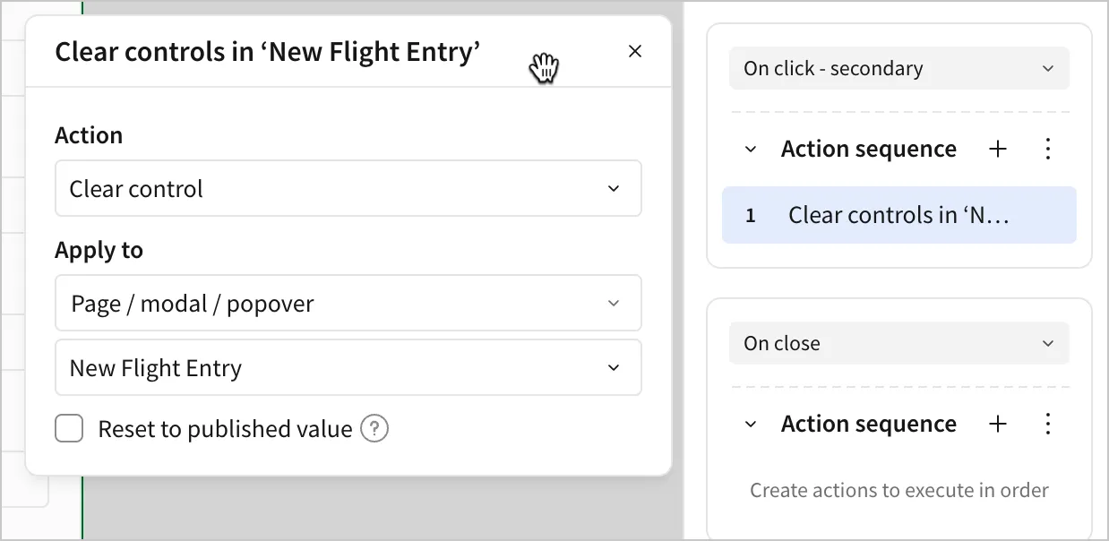 A clear control action is set to Apply to the New Flight Entry modal
