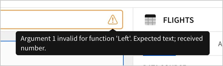 An error message in the formula bar shows that the function Left cannot receive a number as an argument