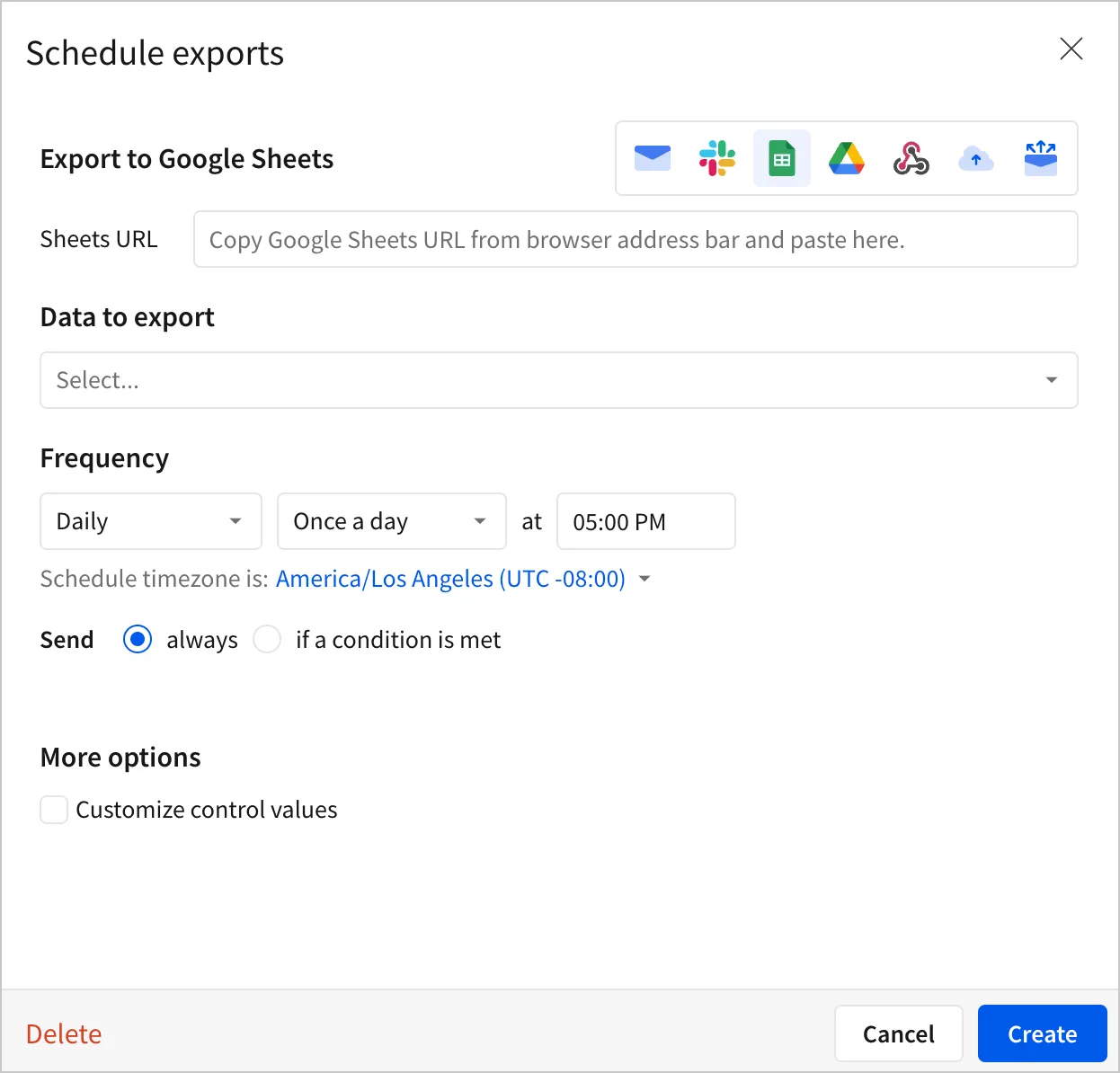 The Schedule exports modal with Google Sheets selected as the export destination, showing the Sheets URL field, a data selector, and a daily frequency set to 5:00 PM.