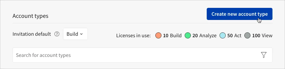 The top of the Account types page with a cursor hovering over the "Create new account type" button.