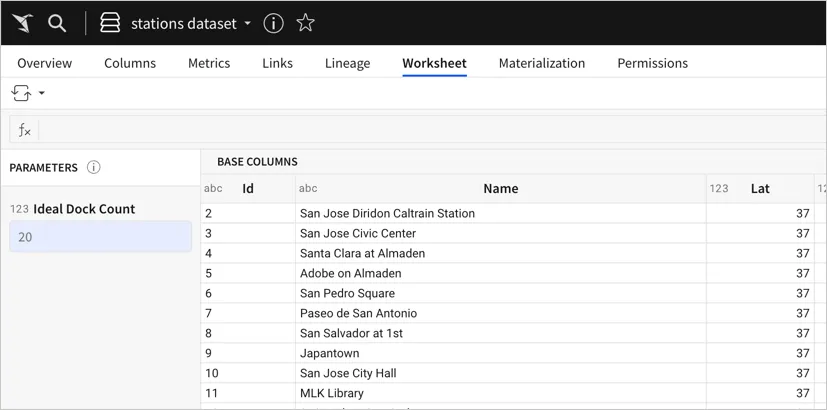 Dataset worksheet for the Stations table from the Sigma Sample Connection with a parameter for Ideal Dock Count, with a value of 20.