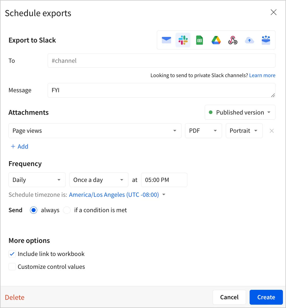 The Schedule exports modal with Slack selected as the export destination, showing the To and Message fields, Page views selected as the attachment, and a daily frequency set to 5:00 PM.