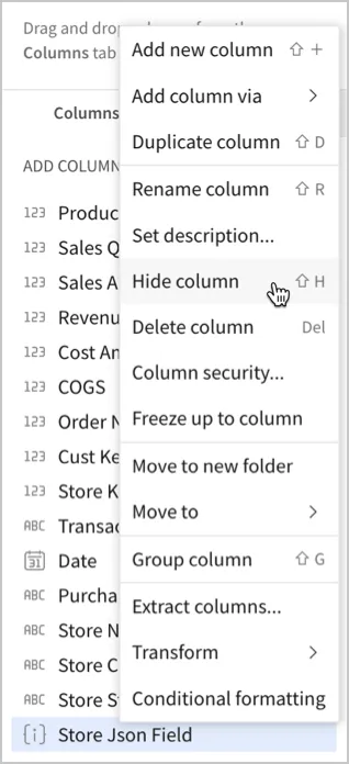 The column menu open in the editor panel under the Columns section for a column named "Store Json Field" with the cursor hovering above the option for "Hide column".