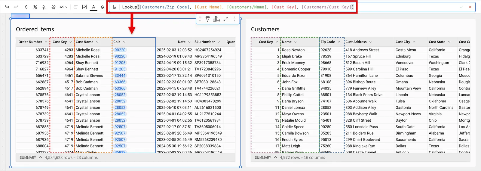 A user enters the provided example formula in the Sigma UI, demonstrating the output over several records in a table.