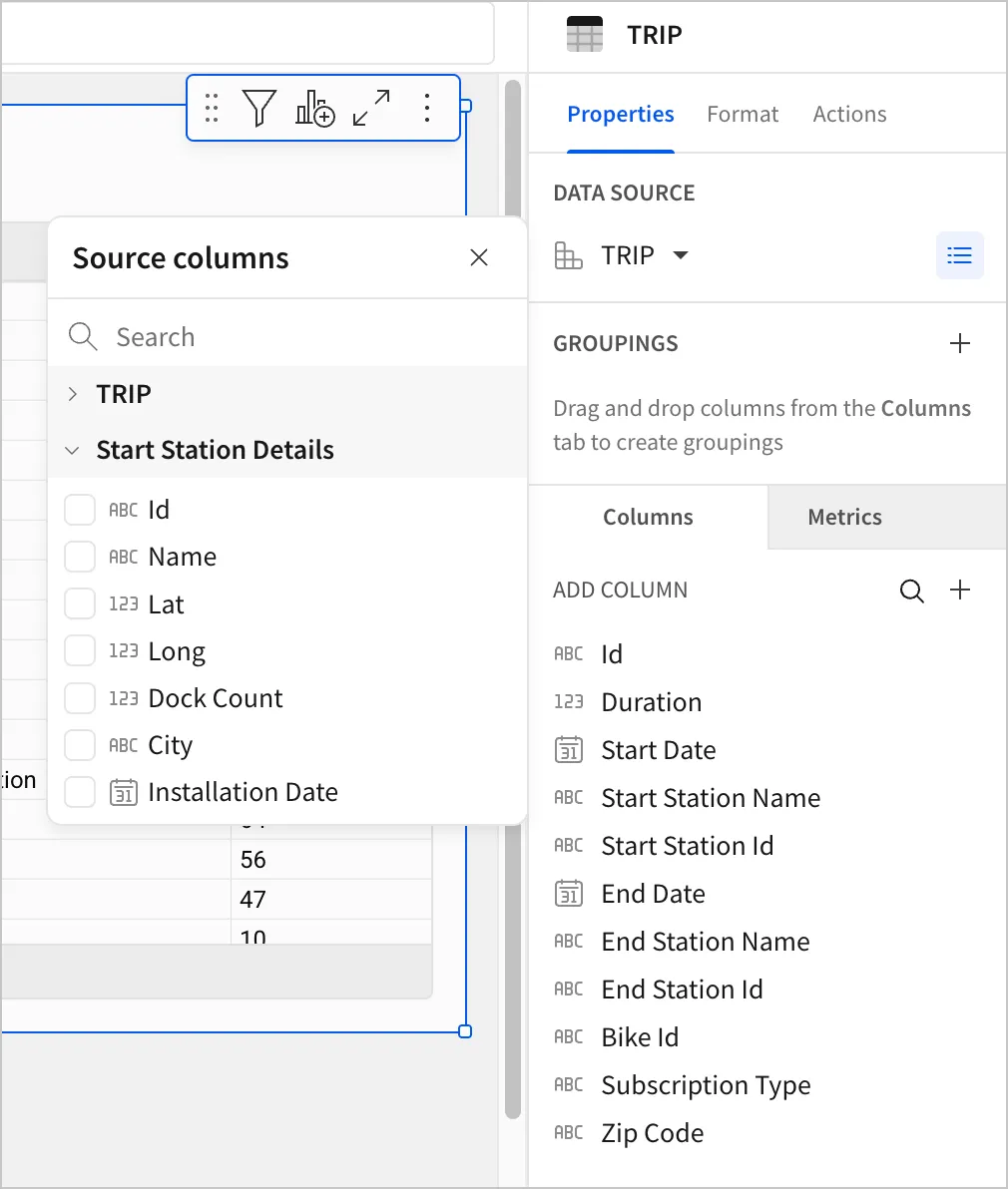 Related columns available in a workbook from the Stations table, after the Trip table from the data model is added as a data source.