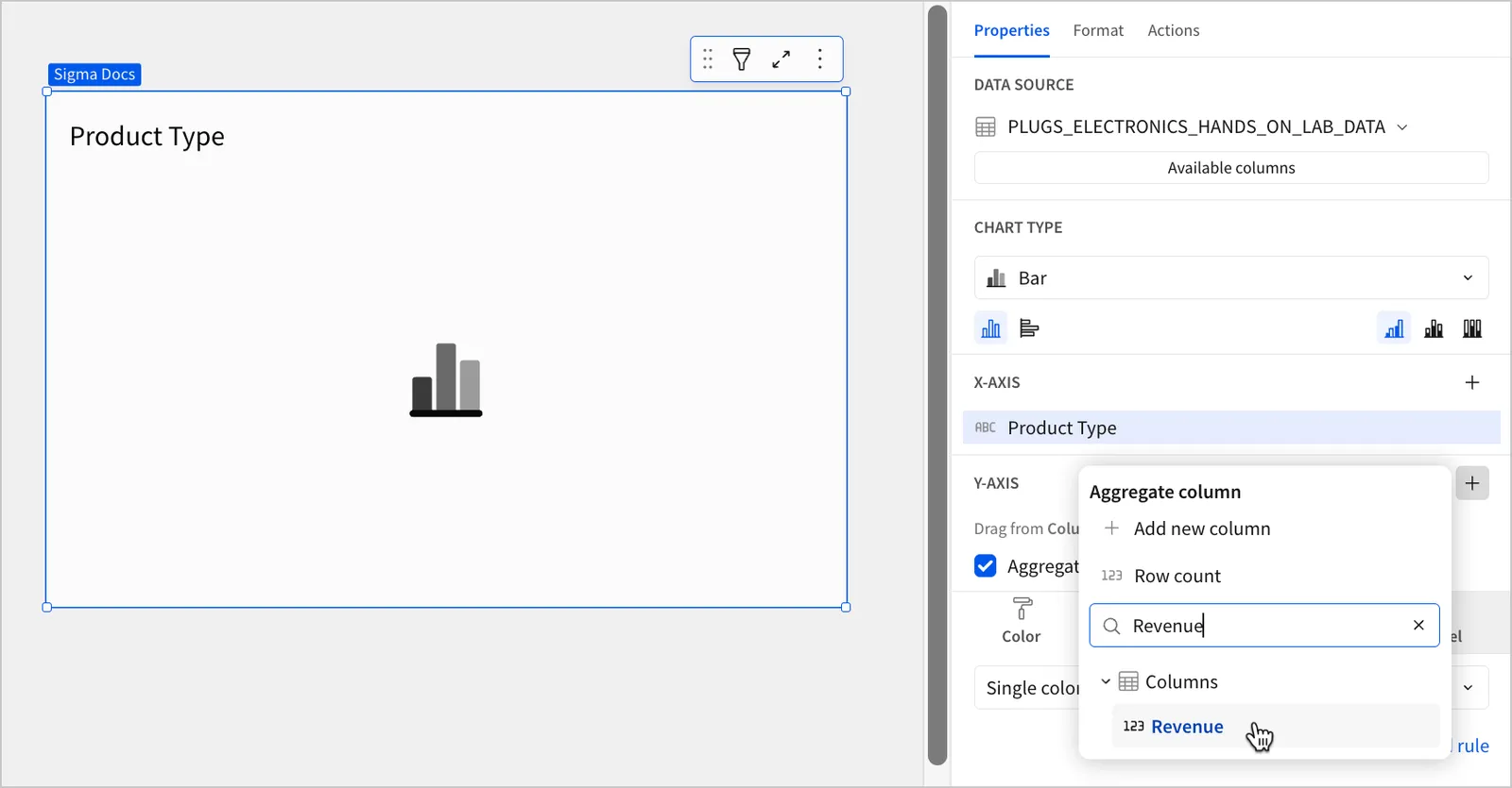 A workbook page with a blank chart titled "Product type", with the cursor hovering over a column named Revenue in the Add column popover, and the word Revenue entered into the search box.