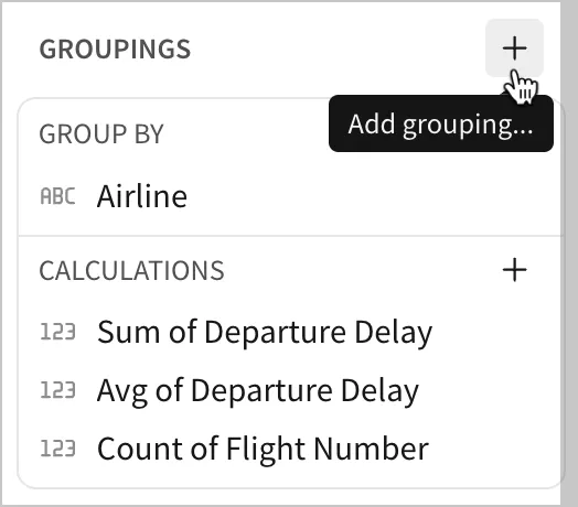 At the top of the Groupings section, a user selects Add grouping