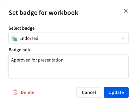 Set badge for a workbook modal, with the Endorsed badge selected and a description of Approved for presentation.
