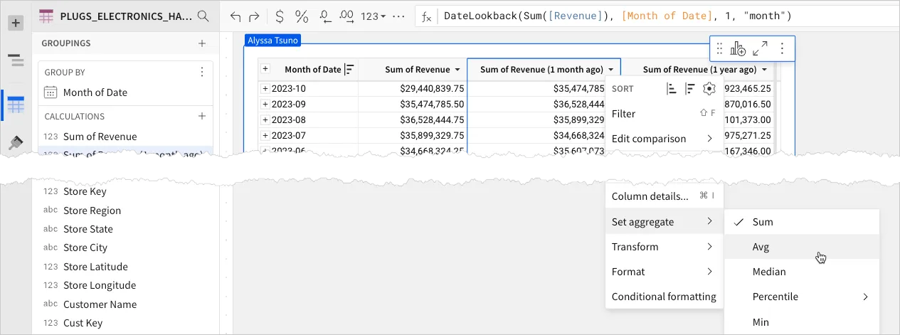 The Sum of Revenue (1 month ago) column menu with Set aggregate expanded, showing Sum checked and the cursor on Avg.