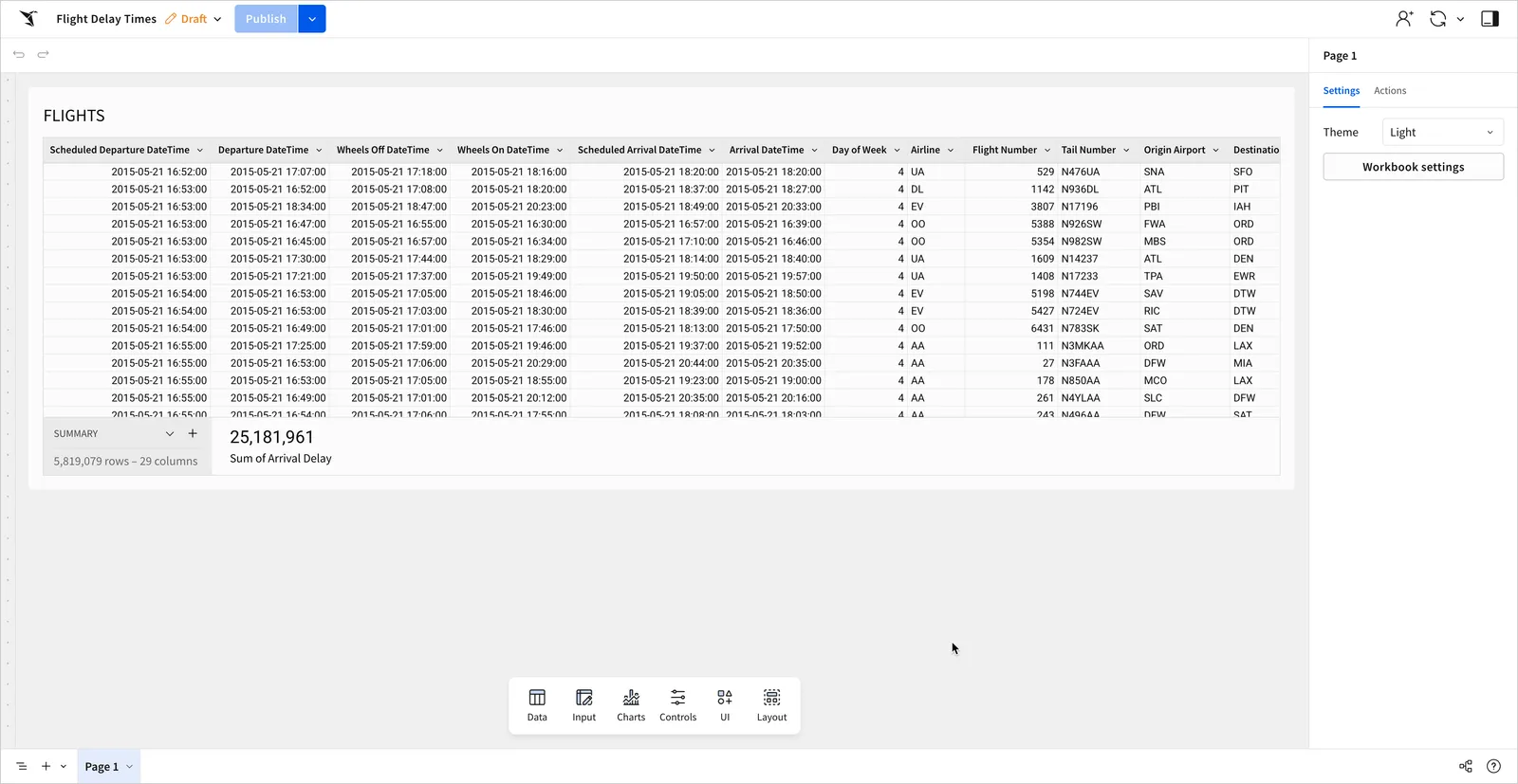The FLIGHTS workbook draft opened. The workbook contains only the FLIGHTS table from the previous lesson