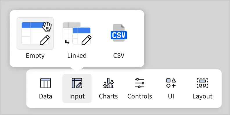 In the Add element bar, a user selects Input, and then selects Empty