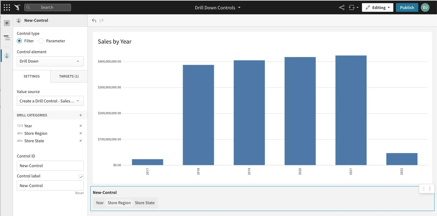 Drill Down settings showing Year, Store Region, and Store State as categories above the control ID and label fields.