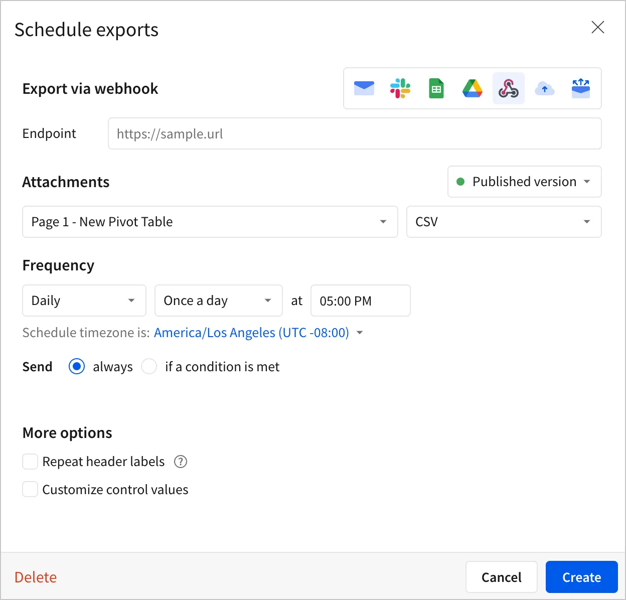 The Schedule exports modal with webhook selected as the export destination, showing the Endpoint field, a CSV attachment, and a daily frequency set to 5:00 PM.
