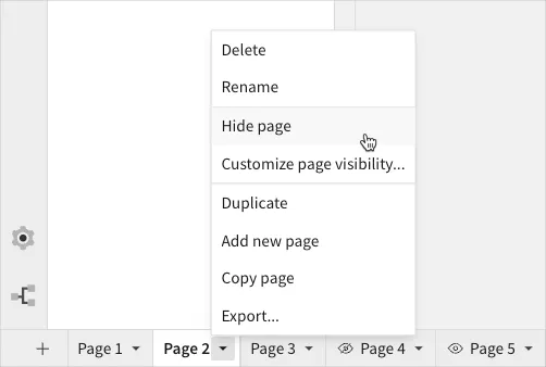 Page menu open for the Page 2 tab, with the cursor hovering over Hide page.