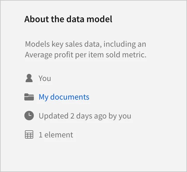 A section of the data model overview page titled About the data model, displaying the description provided by the tutorial, "Models key sales data, including an Average profit per item sold metric", along with information about the creator of the data model and its edit history.