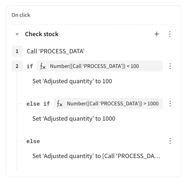An action sequence that shows an initial action that calls a stored procedure, followed by an if/else statement that references the results of the called stored procedure in the "if" and "else if" conditions, as well as in the "else" action path.