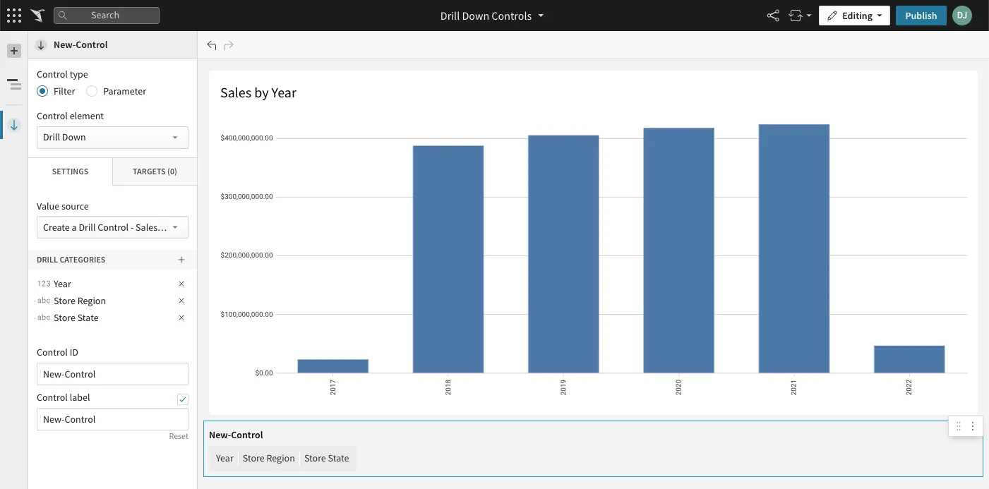 Drill Down settings with Year, Store Region, and Store State listed as categories and the same path displayed in the control.