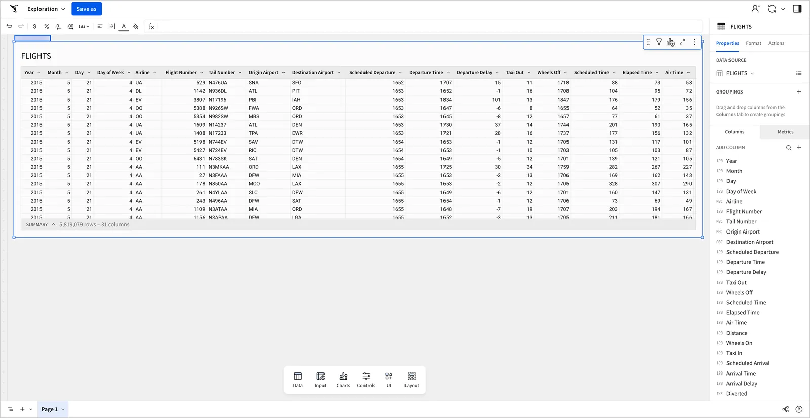 On the workbook page, the FLIGHTS table appears