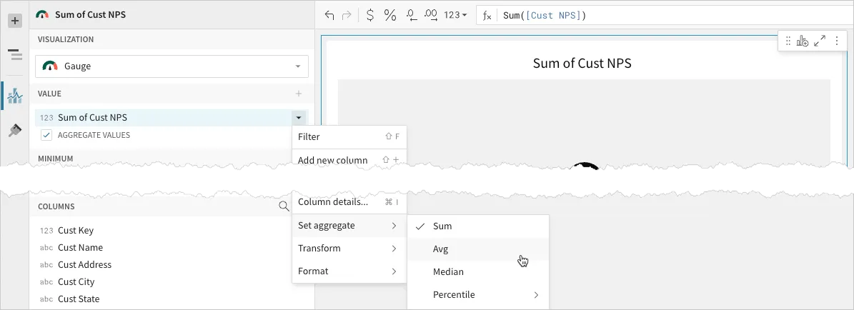 Sum of Cust NPS column menu with Set aggregate expanded, showing Sum, Avg, Median, and Percentile options with Avg highlighted.