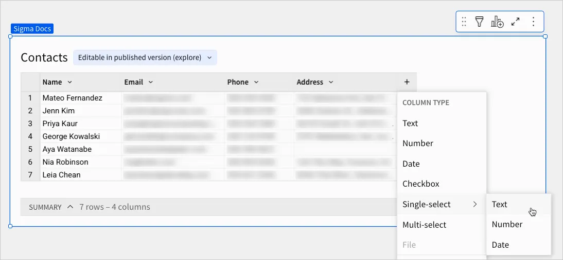 Image showing an input table with the column type menu open and cursor hovering over the Single-select > Text option.