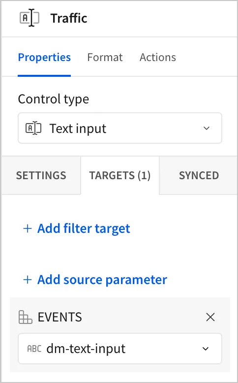 The Properties panel for a Traffic text input control with the EVENTS data model added as a source parameter and the dm-text-input control ID selected.